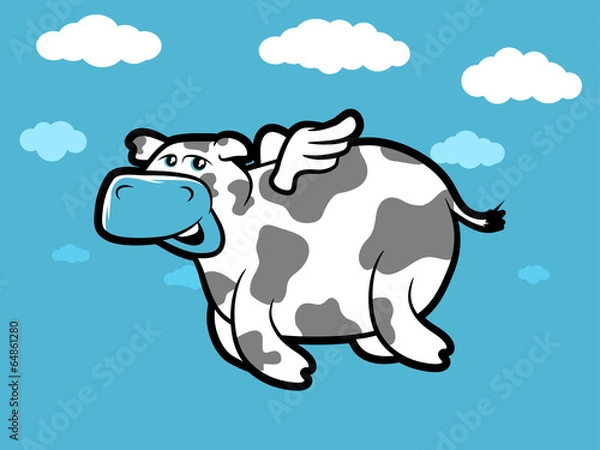 Fototapeta Flying Cartoon cow with tiny wings