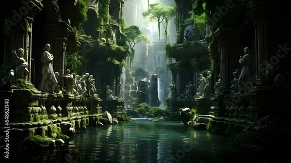 Fototapeta Mystic Ravine Oasis: Ancient Statues Veiled in Verdant Vines Amidst Tranquil Waters