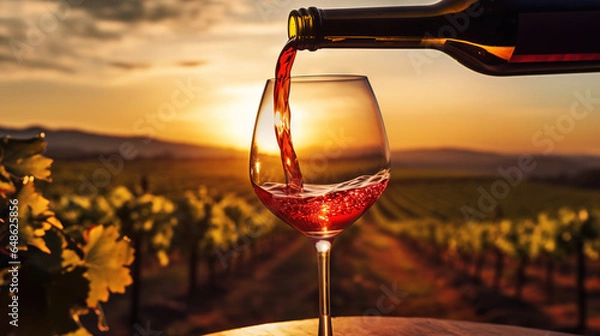 Fototapeta Pouring red wine from a bottle into a wine glass on a vineyard, winery background at golden sunset. Wine country, winemaking, vino rosso on a rustic table with a bunch of fresh grapes. Generative AI