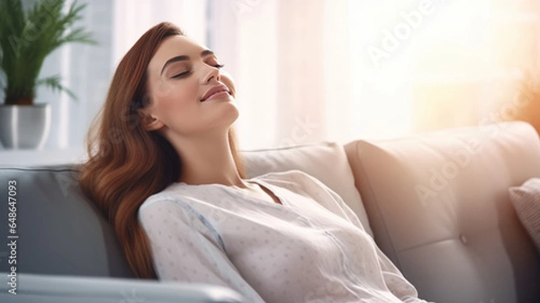 Fototapeta A beautiful young woman relaxed serene on comfortable sofa rest with air purifier at home.