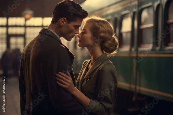 Fototapeta In a 1940s style train station, a couple shares fleeting parting glances amidst the swirl of steam. Their vintage attire and the ambient surroundings evoke a nostalgic romance.