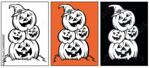 Fototapeta Coloring page for Halloween, vector illustration, Black and white pumpkin drawing, October event, Fun Activity, DIY Coloring, Halloween Artwork, poster, sticker