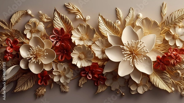 Obraz 3D Flower poster and wallpaper wallart interior wall decor Gold White Creme Luxus