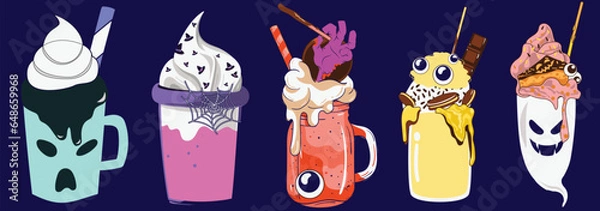 Fototapeta Halloween Ice Cream Drinks in Spooky Glass to Celebrate The Spooky Season in October, Halloween Food and Drinks Vector Set