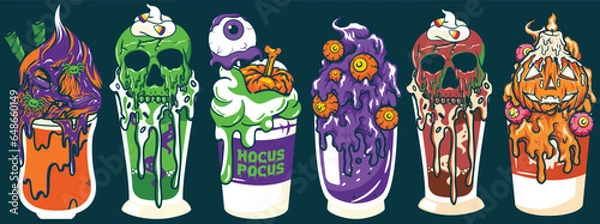 Fototapeta Halloween Drinks and Ice Creams with Halloween Coffee and Chocolate Glass with Skulls and Pumpkins Background Set