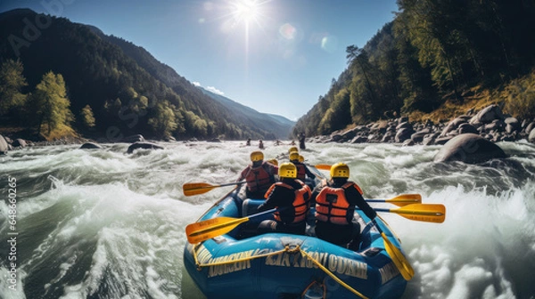 Fototapeta Rafting on large boat on mountain river. Team cohesion, team building