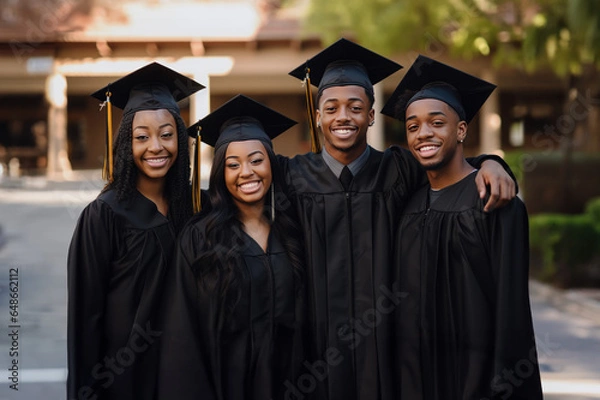 Fototapeta Happy young African American men and women at a graduation ceremony created with Generative AI technology