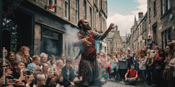 Obraz Edinburgh Festival Fringe, street performers, eclectic crowds, Royal Mile architecture