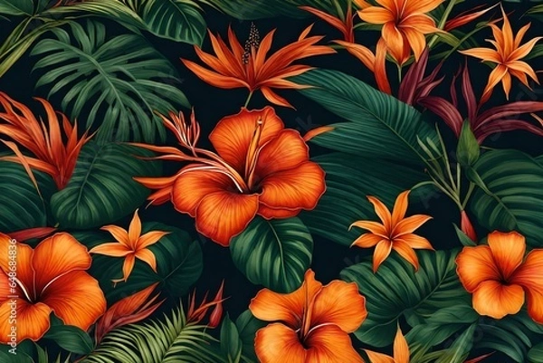 Fototapeta Generate a tropical oasis-themed wallpaper portraying exotic flowers in a lush paradise - AI Generative