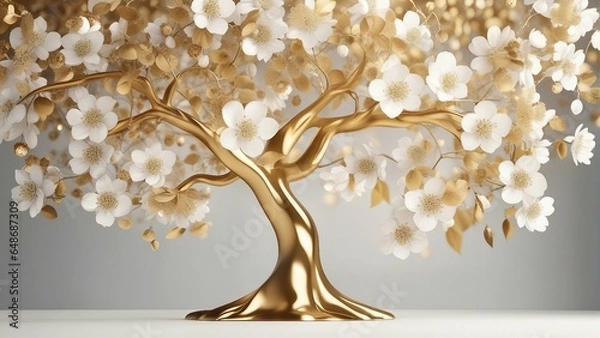 Fototapeta Elegant gold and royal white floral tree with leaves and flowers