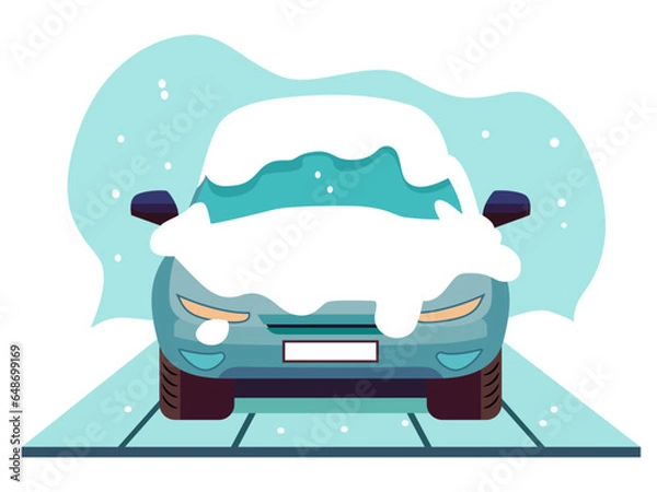 Obraz Car covered in snow on a driveway flat style vector illustration, Car in winter season covered in snow and ice, vehicle covered in snow flat style stock vector image