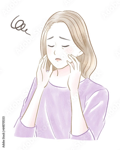 Obraz 目を閉じて顔を触って肌に悩む綺麗なシニア女性　ロングヘア