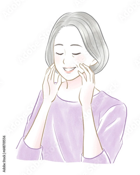 Obraz 目を閉じて顔を触って笑う白髪の綺麗なシニア女性　