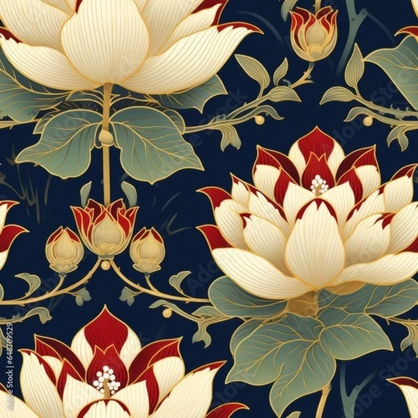 Fototapeta Seamless Indian Art Lotus Pattern: Elegance Meets Generative AI