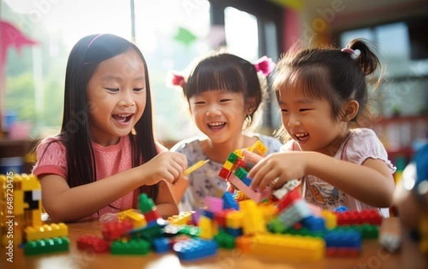 Obraz Cute children playing with blockss. entertainment and fun for children. educational toys.
