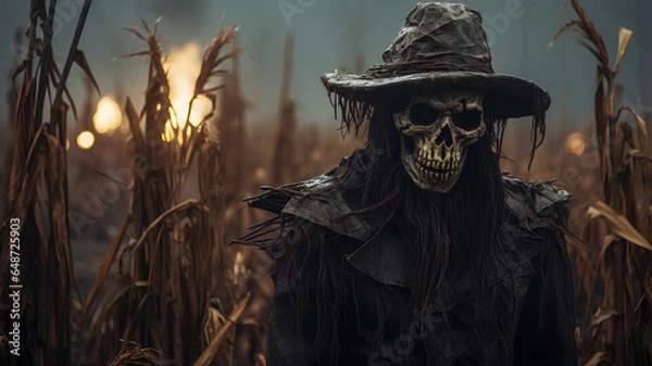 Fototapeta spooky scarecrow in a corn field on halloween night. atmospheric chilling background. ai generative
