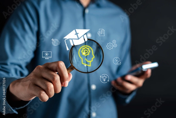 Fototapeta E-learning program certificate and online education learning workshop training, Video lesson online class on internet.