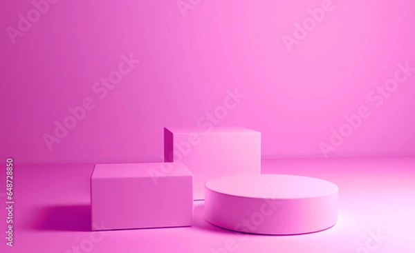 Fototapeta Pink 3D background with realistic cylinder and square pedestal podium set in empty studio room. Luxury minimal wall scene mockup product display. Abstract geometric platforms design. Stage showcase