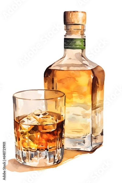 Fototapeta ウィスキーのボトルとグラス　水彩イラスト