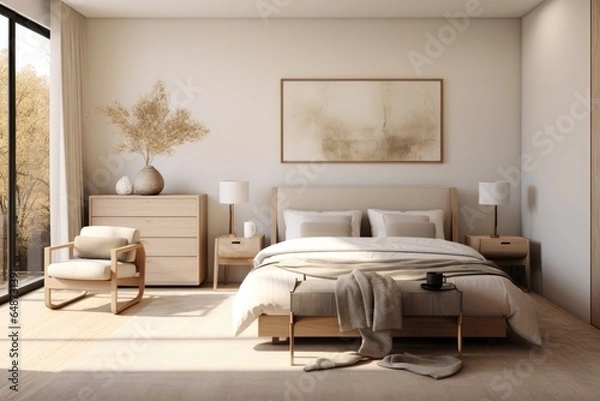 Fototapeta Zen organic calm japandi mid century modern minimal bedroom interior with wood designer furniture and art and white soft bedding