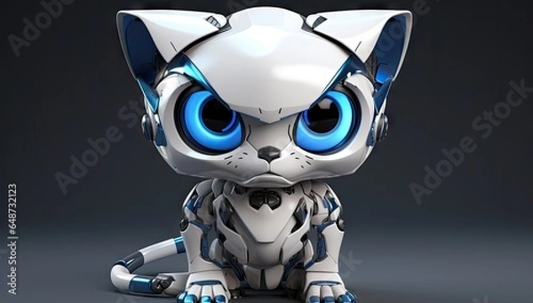 Fototapeta Portrait of white blue robot cat toy on dark background.