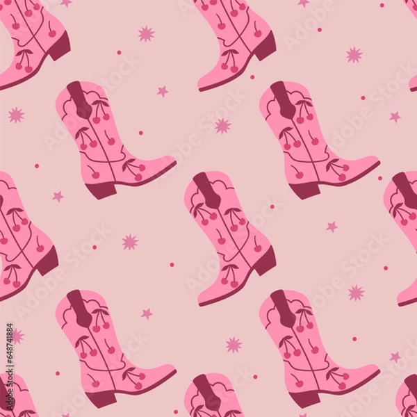 Obraz Trendy pink seamless pattern with cowboy boots. Vector graphics.