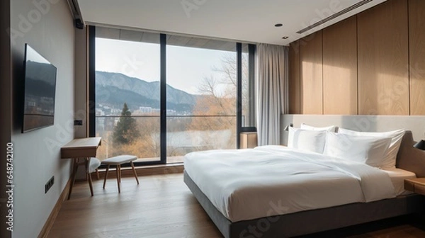 Obraz A Modern Hotel Room with a Stunning Window Front View of Majestic Mountains.