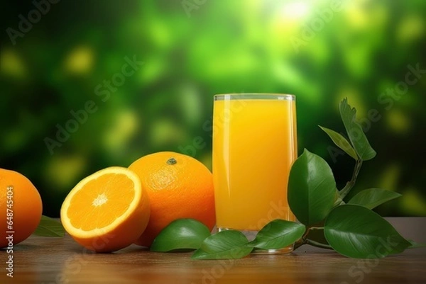 Fototapeta Fresh Orange Juice on Aesthetic Scenery Nature Background, Fruit Juicy Rich in Vitamin