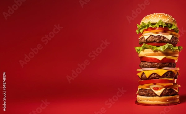 Fototapeta A very tall hamburger, on a red background