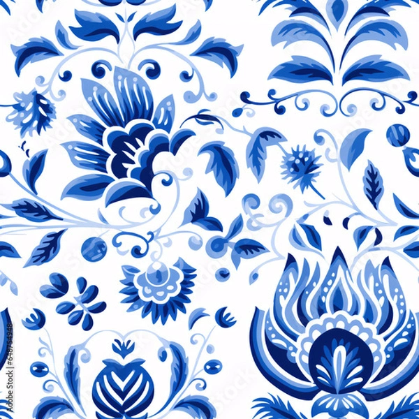 Fototapeta A seamless watercolor gouache pattern in a Dutch-inspired style, featuring blue florals for fabric or wallpaper..
