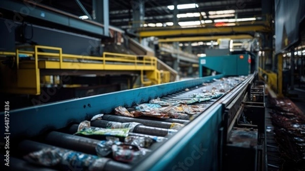 Fototapeta Conveyor belt with recycled plastics in the factory waste management concept