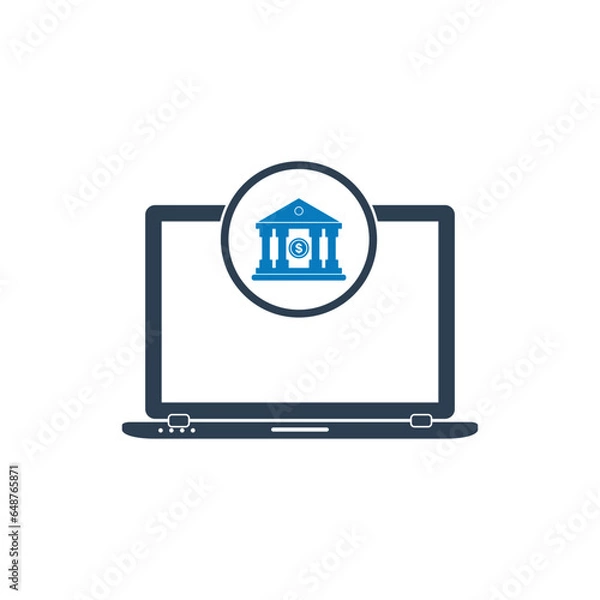 Obraz Online Banking Icon. With Bank and Laptop Symbols. Editable Flat Vector Illustration.
