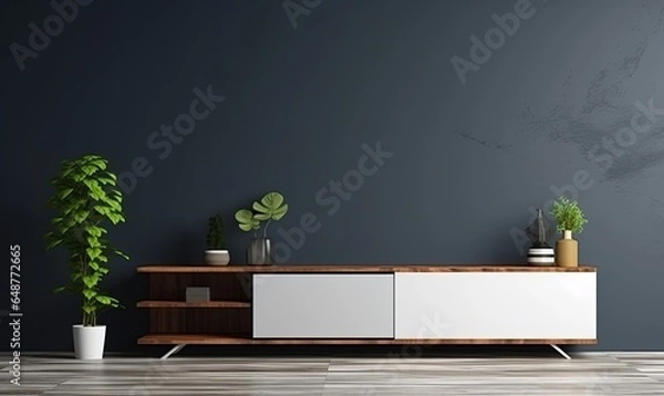Obraz Cabinet for tv in modern empty room with behind the dark blue wall, Generative AI 