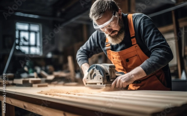 Fototapeta Man carpenter using circular saw while working on a piece of wood in home workshop.