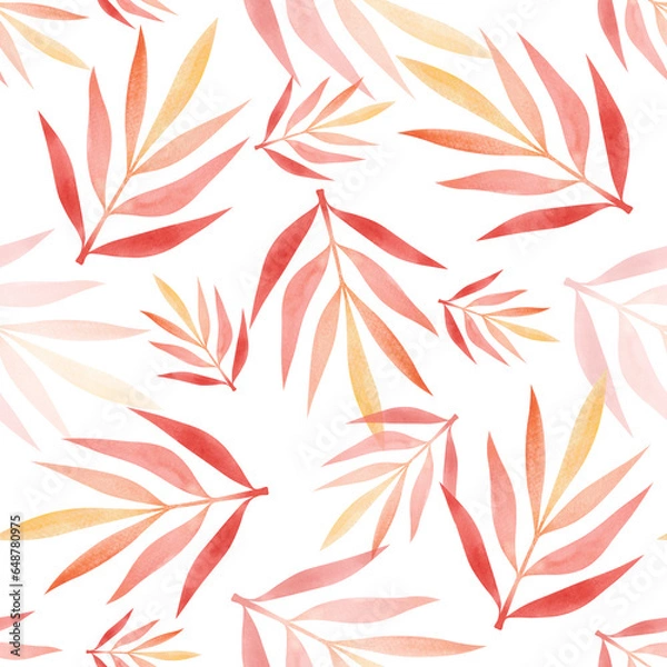Fototapeta Seamless pattern with colorful autumn leaves. Watercolor illustration of an autumn background with falling leaves on a white background. Hand-drawn. Template for design, decoration, wrapping paper.