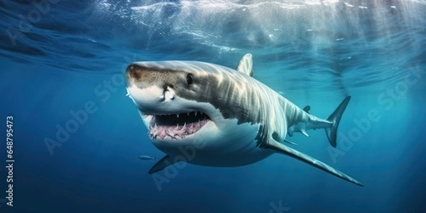 Fototapeta Predatory Great White Shark in Ocean Waters