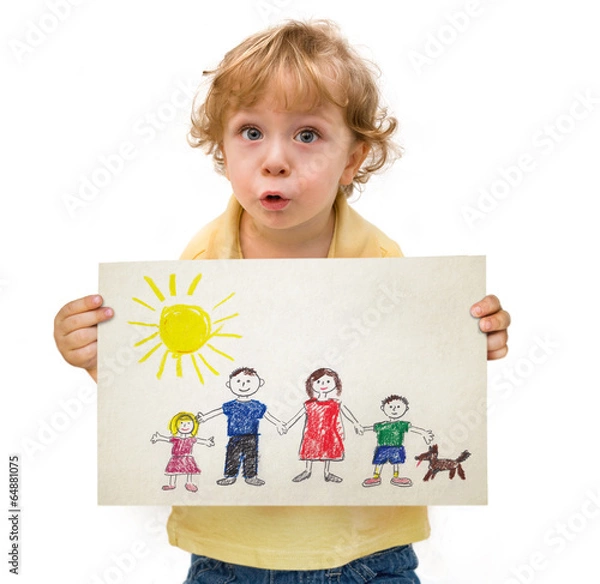 Obraz Cute kid holding a drawing with a family