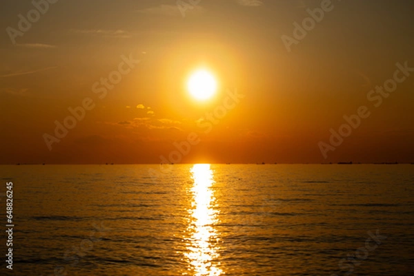 Fototapeta 東京湾のさざ波に揺れる夕焼けの太陽の光