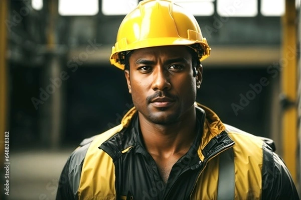 Fototapeta Portrait of black male in yellow uniform and helmet, construction worker, firefighter, background with copy space text 