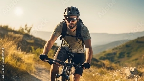 Fototapeta Man caucasian male cyclist riding ebike electric bike open air in mountain extend at the pig out or edge before his companions wear defensive head protector and eyeglasses in sunny day duplicate space