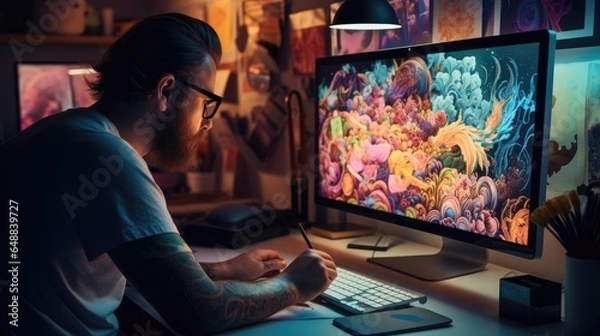 Fototapeta Focused graphic designer working on a creative project at a bright, naturally lit desk. The workspace is filled with art supplies and a computer.