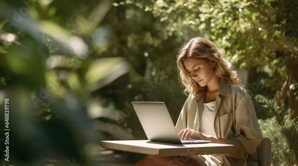 Fototapeta A woman, laptop in hand, sits on a park bench amidst nature. Focused and contemplative, she works outdoors, enjoying solitude and connectivity. Tranquility and productivity of remote work.