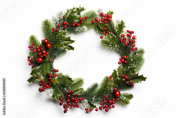 Fototapeta Christmas wreath made of green fir branches and red berries on a white background, space for text. Merry Christmas and Happy New Year greeting card. Top view of decorative festive wreath.