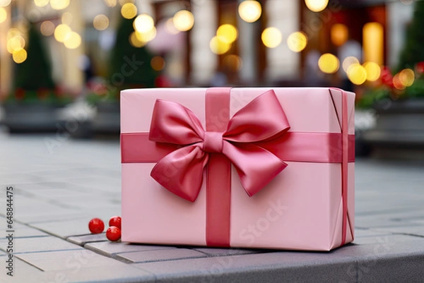 Fototapeta Pink Gift box with big Bow on background with street night lights. Creative Modern Christmas background, with Christmas decorations  and copy space. Merry Christmas and Happy New Year greeting card.