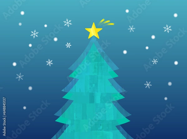 Fototapeta 雪の降る夜空とシンプルでかわいいクリスマスツリーのイラスト