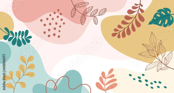 Fototapeta Design banner frame background .Colorful poster background vector illustration.Exotic plants, branches,art print for beauty, fashion and natural products,wellness, wedding and event.