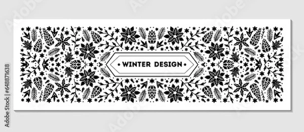 Fototapeta Luxury Christmas frame, abstract sketch winter floral design templates for xmas products. Geometric monochrome square, holly silver backgrounds with fir tree. Use for package, branding, decoration,