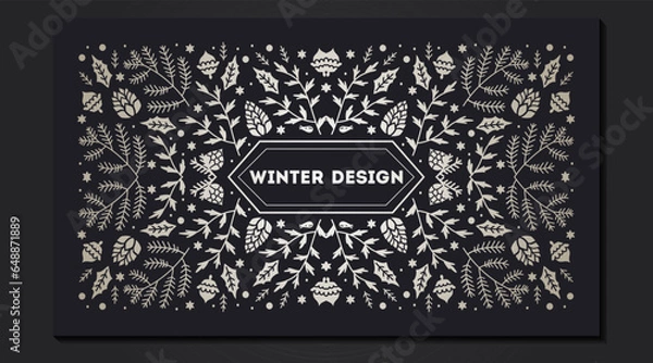 Fototapeta Luxury Christmas frame, abstract sketch winter floral design templates for xmas products. Geometric monochrome square, holly silver backgrounds with fir tree. Use for package, branding, decoration,