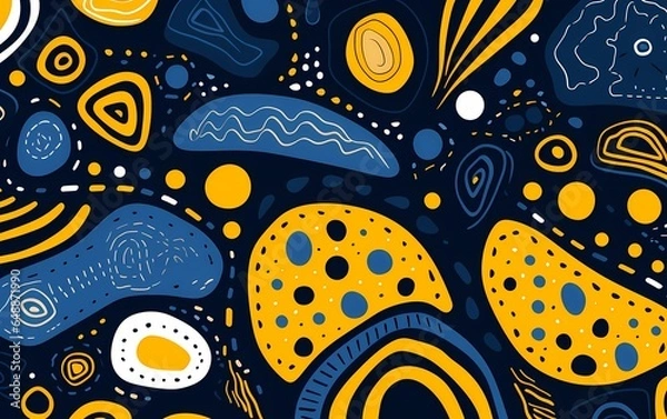 Fototapeta Colorful abstract art and patterns, in a unique doodle style, drak navy and yellow