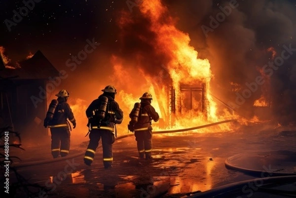 Obraz Firefighters extinguish a burning fire